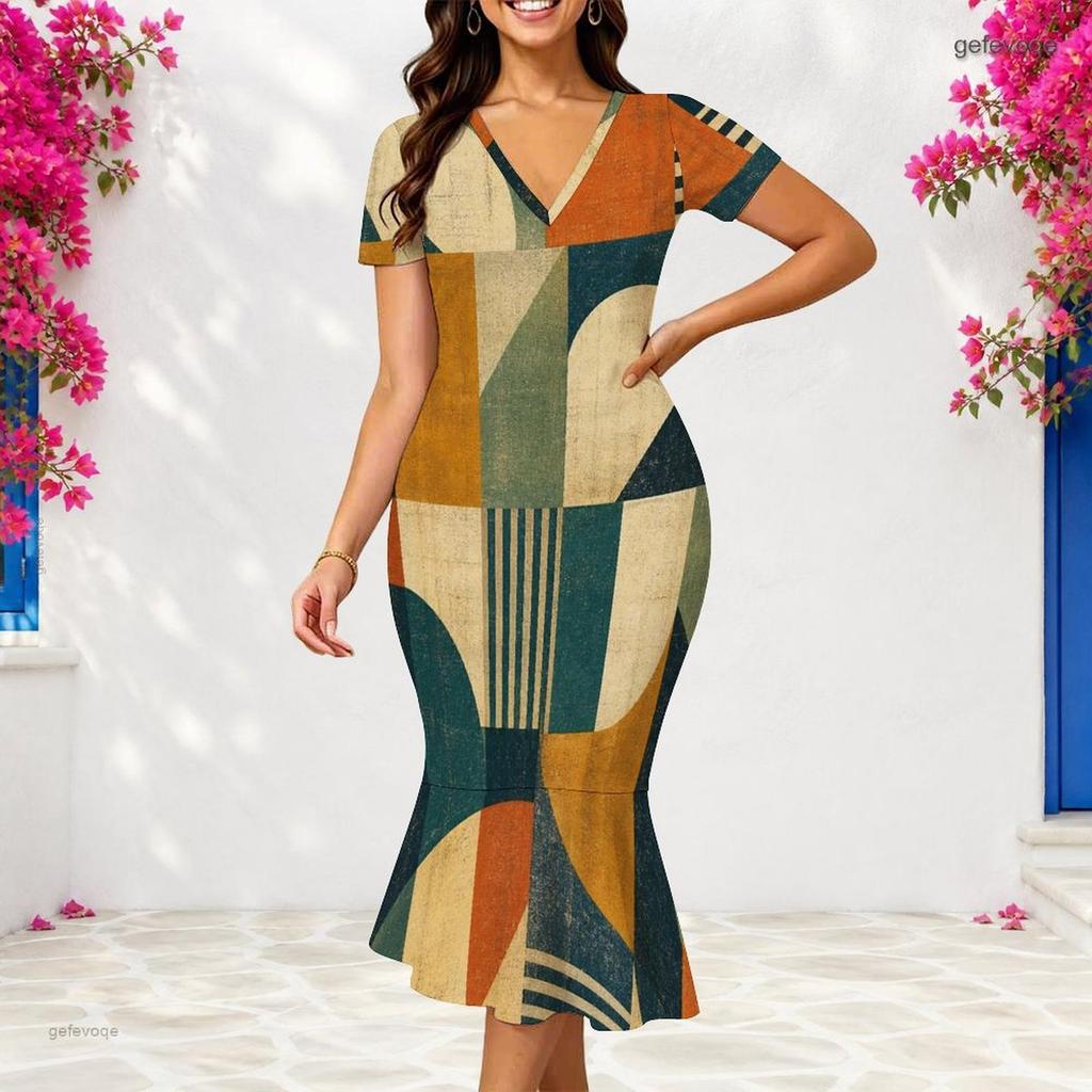 Women Plus Size V Neck Short Sleeve Green Khaki Geometric Printed Fitted Fishtail Dress