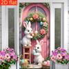 Happy Easter Door Cover Pink Bunny Easter Egg Wreath Design Hanging Banner for Indoor Outdoor Porch Decor Background Gift