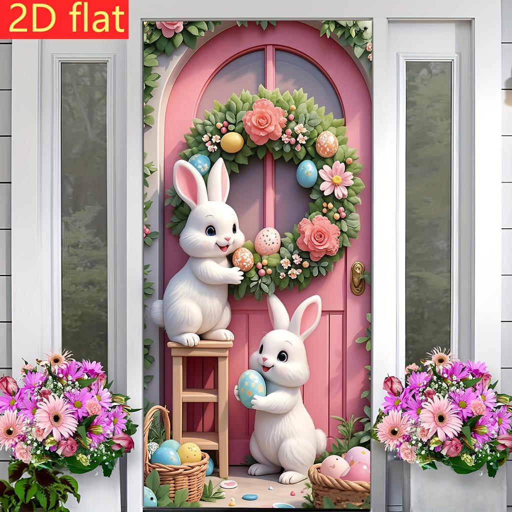 Happy Easter Door Cover Pink Bunny Easter Egg Wreath Design Hanging Banner for Indoor Outdoor Porch Decor Background Gift