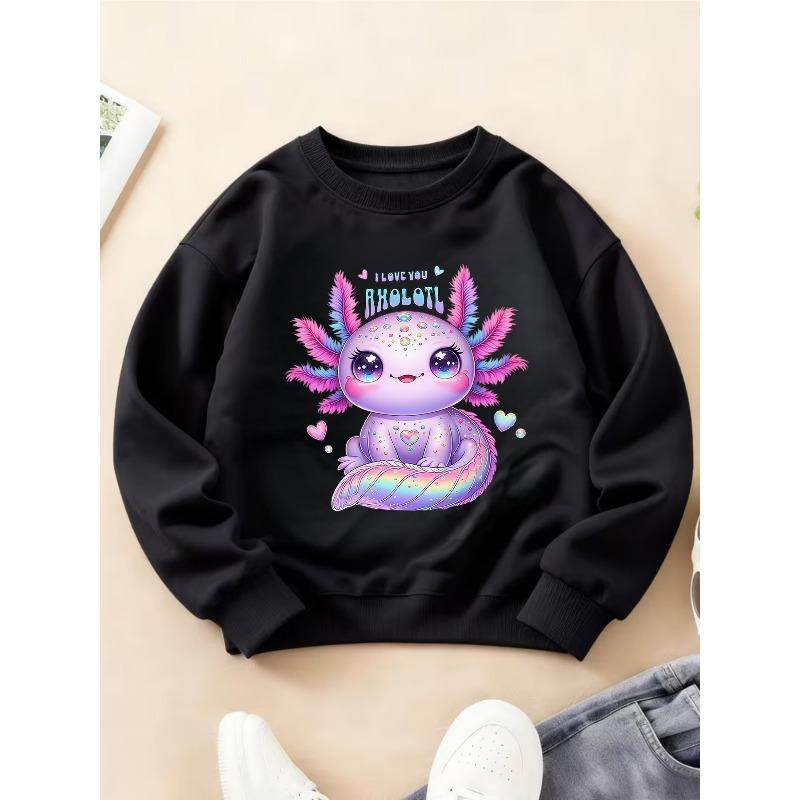 Kids Crewneck Long Sleeve Sweatshirt, Cute Dreamy Rainbow Hexagon Axolotl Dinosaur Print, Warm Stylish Top 110 чёрный