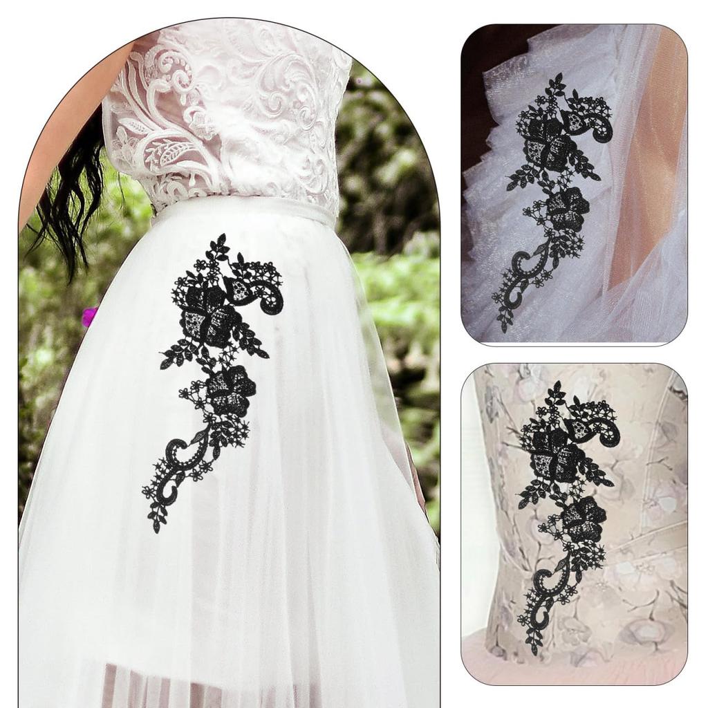 EXCEART Wedding Lace Fabric, Floral Embroidered Patches for Decorative Flower Appliques, DIY Accessories, Black Polyester Thread, 1 Pair