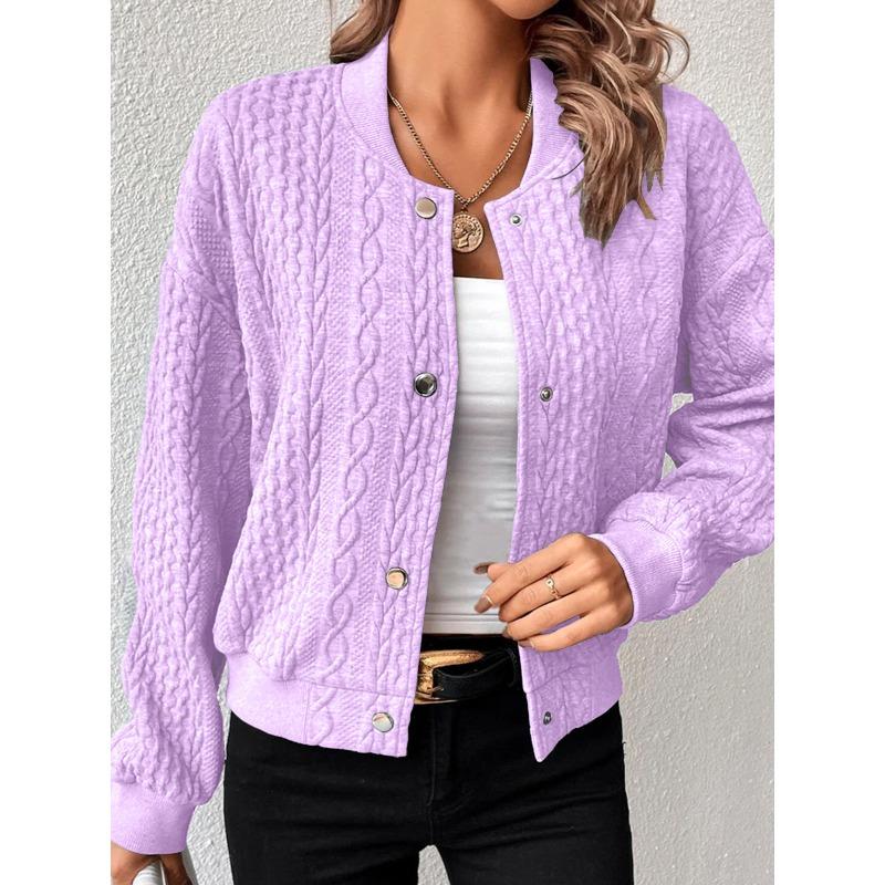 women's Cable Knit Textured Stand Collar Single Breasted Long Sleeve Jacket Casual Baseball Cardigan