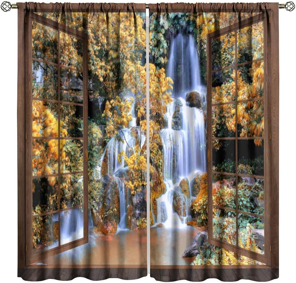 Blackout Red Forest Waterfall Windows Curtains Tree Landscape Woodland Scenic Nature Fall Scenery Art Printed Curtain Made Of Polyester Washable