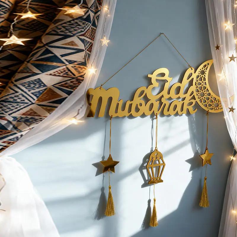 Islámský Ramadan Eid Mubarak Dřevěná Nástěnná Dekorace Zlatý Akrylový Měsíc Hvězda Lucerna Třásně Závěsné Ozdoby pro Muslimský Domov Večírek Dárek