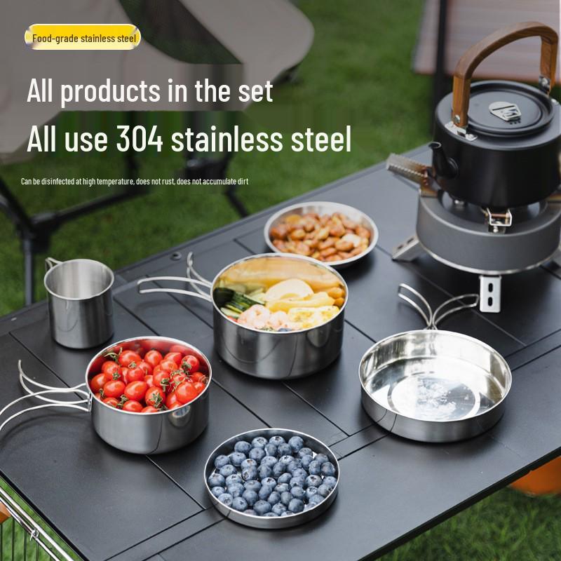 8-Piece Portable Stainless Steel Camping Tableware Set: Foldable Cups, Bowls, and Plates for Outdoor Picnic and BBQ Adventures