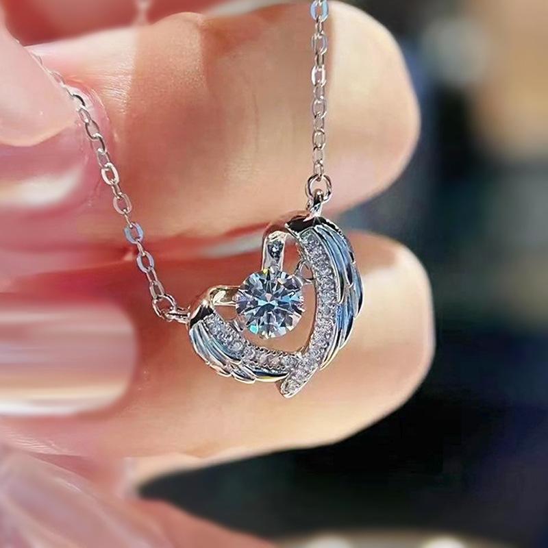 Silver Tone Angel Wings Pink Crystal Heart Pendant Necklace for Women, Romantic Sparkling Jewelry