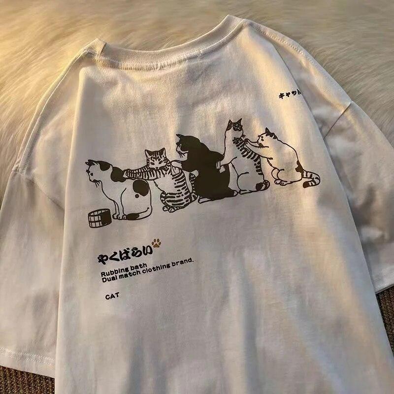 Ekte foto søt katt trykt overdimensjonert ren bomull kvinner pluss T-skjorte rund hals kort t-skjorte