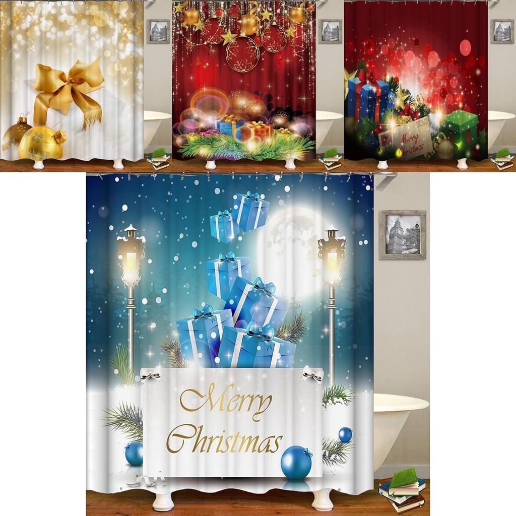 Festive Christmas Gift Boxes In Snow Shower Curtain Waterproof Fabric With Hooks
