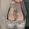 One Strap Block Heel Sandals Summer New Round Toe Shallow Slip Rhinestone Bow Non-Slip Pumps