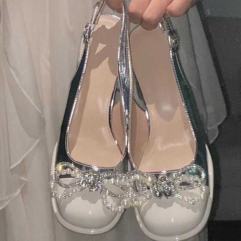 One Strap Block Heel Sandals Summer New Round Toe Shallow Slip Rhinestone Bow Non-Slip Pumps