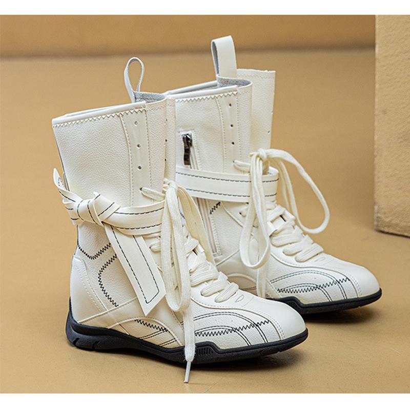 Fashion Spring Autumn Shoes Women Mid-Calf Boots Non-slip Retro Style Soft Comfortable High Top Ladies Height Increasing Shoes 5cm D528