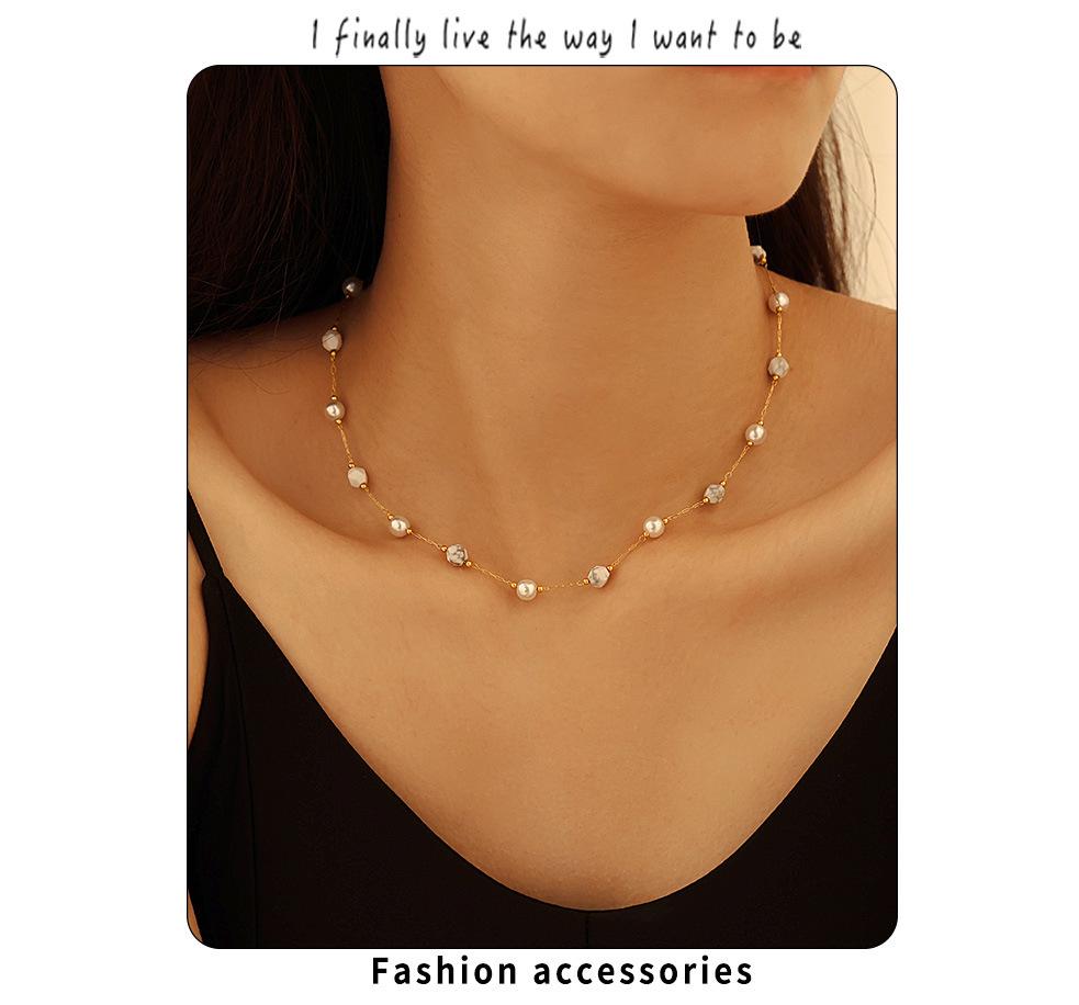 Europäische & Amerikanische Naturstein Perle Schlüsselbeinkette & Temperament Armband Set, Edelstahl Damen Nischen INS Stil