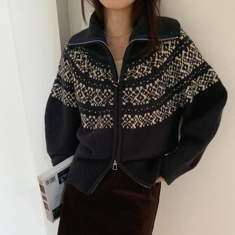 Jacquard Zipper Short Knitted Women's Cardigan Autumn and Winter New Fair Island Sweater Christmas Vintage Jacket