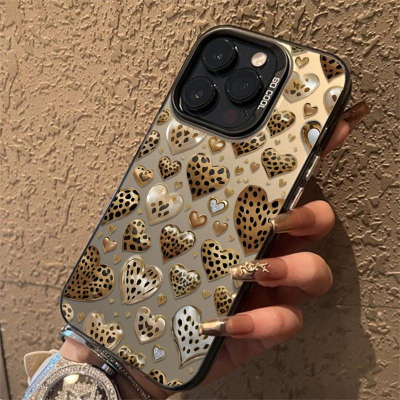 Love Heart Leopard Print Electroplate Silver Phone Case For iPhone 16 Pro Max 15 14 13 12 11 7 8 Plus X XS XR Shockproof Cover