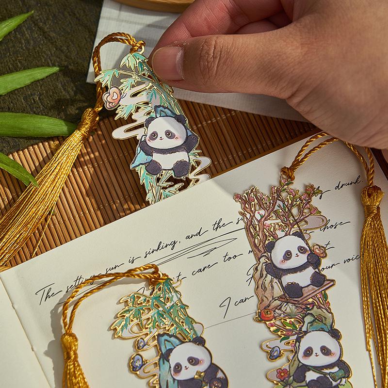 Chengdu Panda Metal Bookmark: Chinese Style with Tassel, Hollow Design, Engraved New Year Gift and Cultural Souvenir.