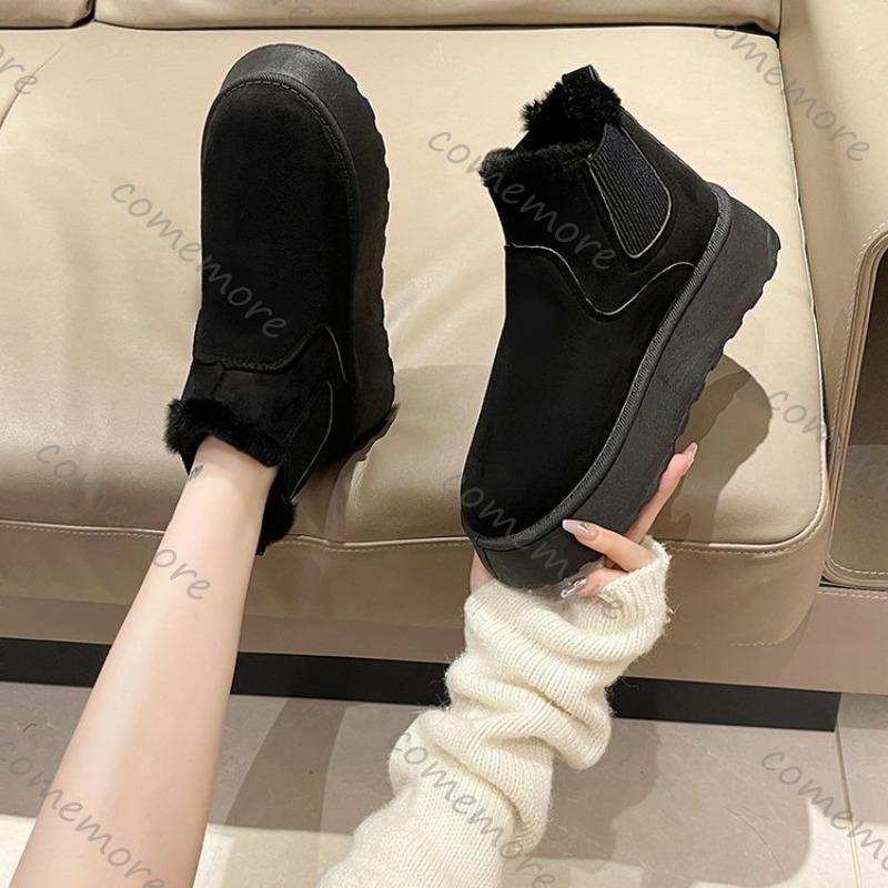 Fashion Comemore Winter Women Short Plush Warm Snow Boots Casual Shoes Suede Fur Chelsea Ankle Boots Flats Platform Ladies Shoes Botas