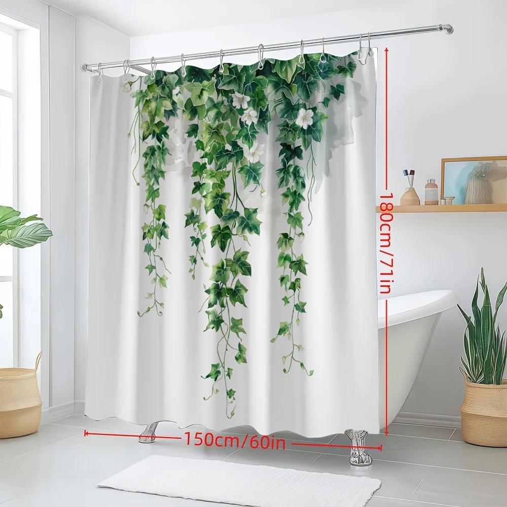 1 Elegant Ivy and White Floral Polyester Shower Curtain-Washable with Green Vine and Leaves Pattern, Machine Washable with Hooks