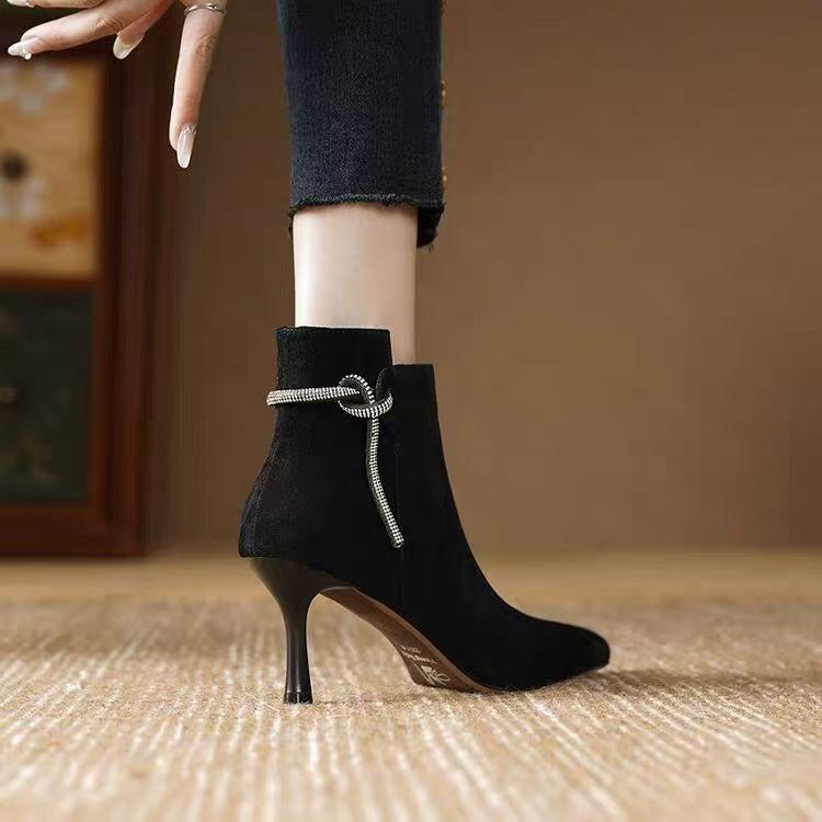 Autumn and winter high heels pointed sexy new rhinestone short tube exquisite temperament commuter short boots fine heel elegant