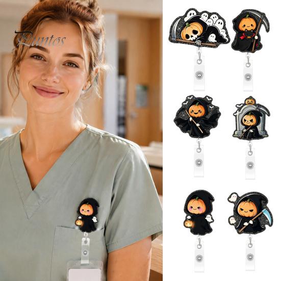 Holiday Badge Accessory Halloween Retractable Reel, Cute Pumpkin And Grim Reaper Design, Acrylic Clip for Nurses Smooth Pull Cord Nurse Doctor Teacher