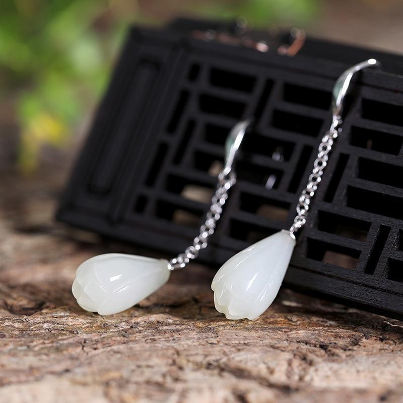 New Arrival In Natural Hotan White Yulan Flower Earrings Fresh Basic Simple Style Long Earings Banquet For Women Jewelry Souvenir GiftFlower Jewelry