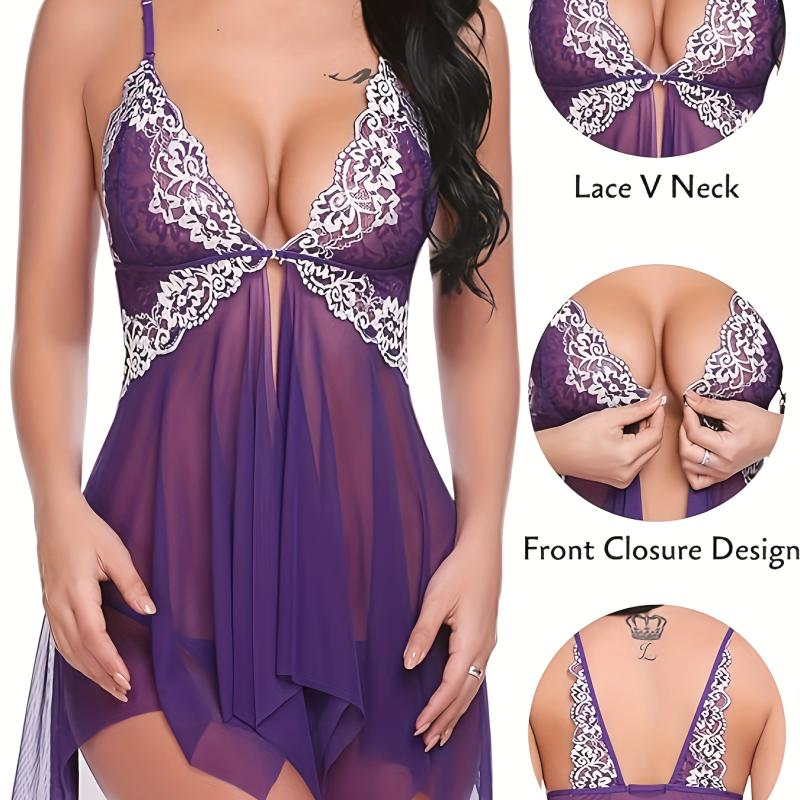 Plus Size Women's Floral Embroidered Babydoll Dress - Exotic Lingerie with Split Asymmetric Hem, Thong, and Delicate Details