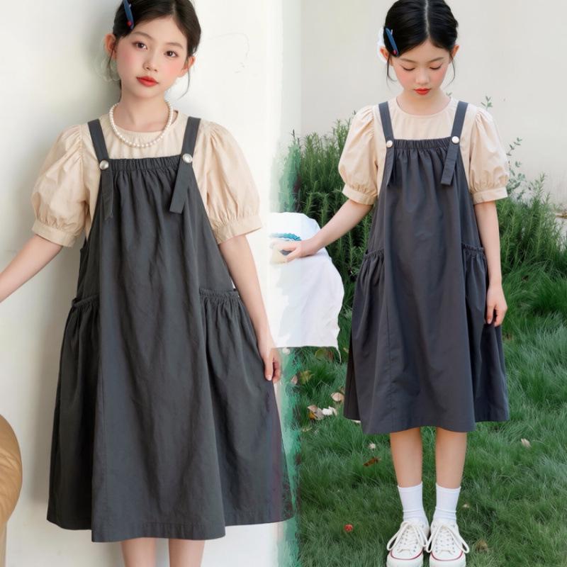 Girls' Bubble Sleeve Strappy Dress Set - 2026 New Summer Style, Medium & Large Cotton Skirt, Solid Color Sweet Two-Piece.