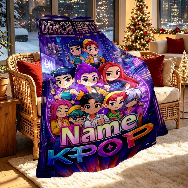 Custom Name Personalized Demon Hunters Kpop Print Blanket, Home Decor, Bedroom, Sofa, Camping, Couch, Gifts for Birthday Christmas