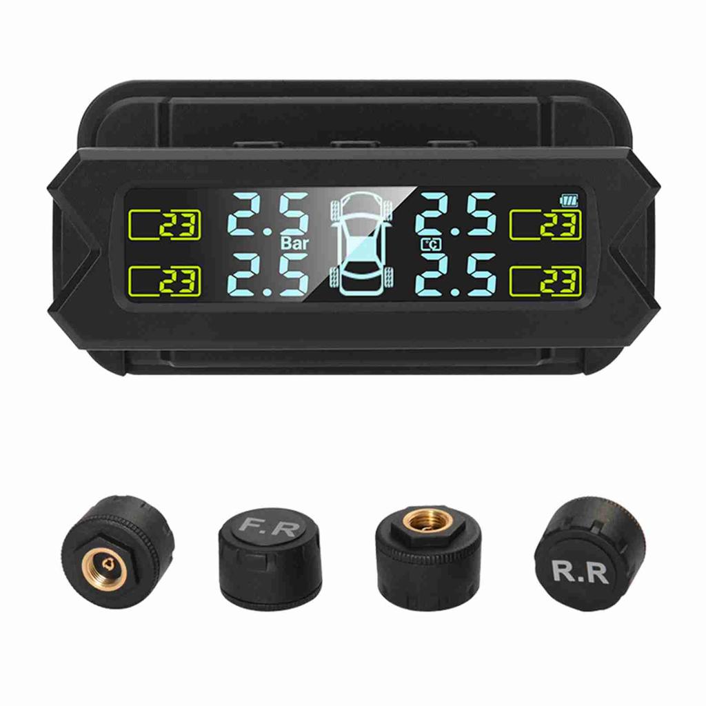 Solar-powered tire pressure monitoring system with automatic backlit LCD screen. (Automotive parts)