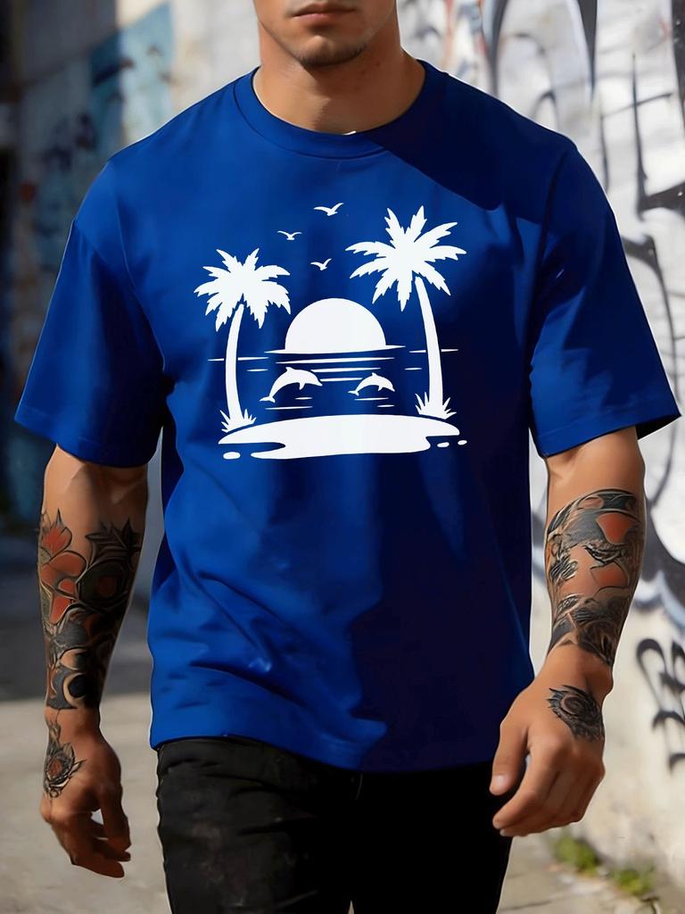 Coastal Dolphin Palm Sunset Unisexs Tee Cotton Short Sleeve Loose Summer Beach Vacation Casual Daily Male Street Tops For Adult Unisex