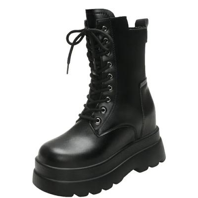 9CM 2024 New Women Winter Ankle Boots Heels Chunky Leather Shoes High Platform Snow Boots Woman Lace-up Short Boot Zapatos Mujer