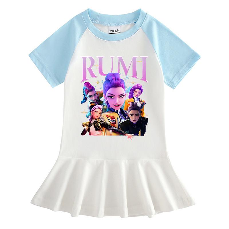 Girls Kpop Rumi Mira Zoey Hunters Print Raglan Sleeves Cotton Dress