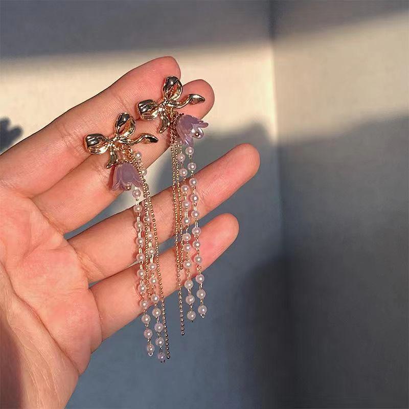2023 Trendy French Purple Campanula Bow Pearl Stud Earrings - Retro High-End Ear Accessories