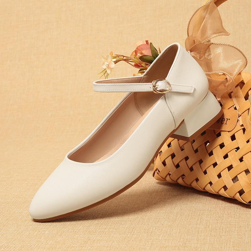 Soft Sole Single Shoes One-Button Thick Heel Round Toe Work Shoes Women's Black Work Shoes Women's Leather Shoes Comfortable