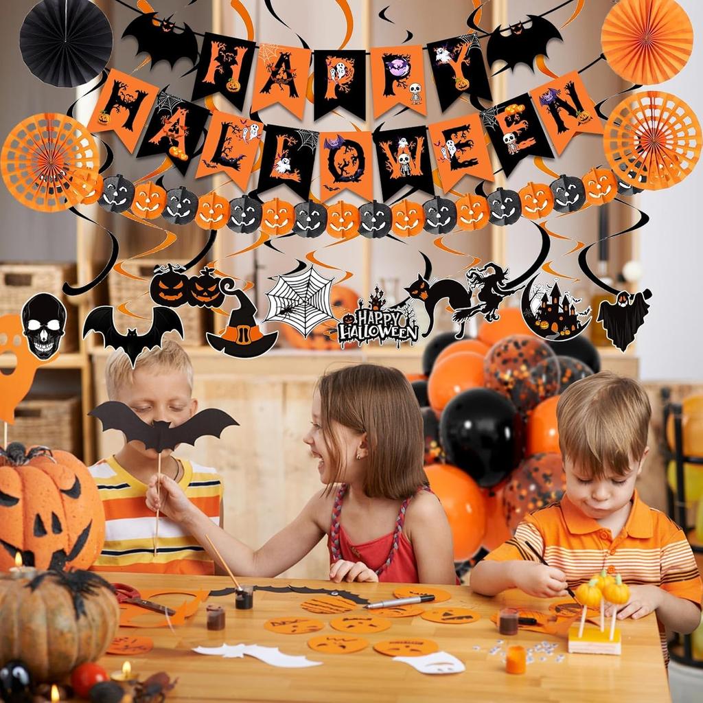 Happy Halloween Trick or Treat Banner Paper Fan Balloons & Swirl Streamers Goul Bat Cat Bird Ghost Pumpkin Lantern for Party Decorations