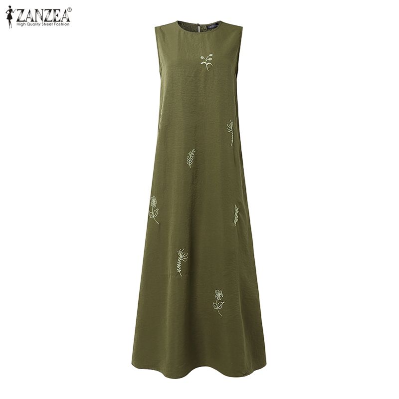 ZANZEA Women Casual Round Neck Print Loose Sleeveless Dress
