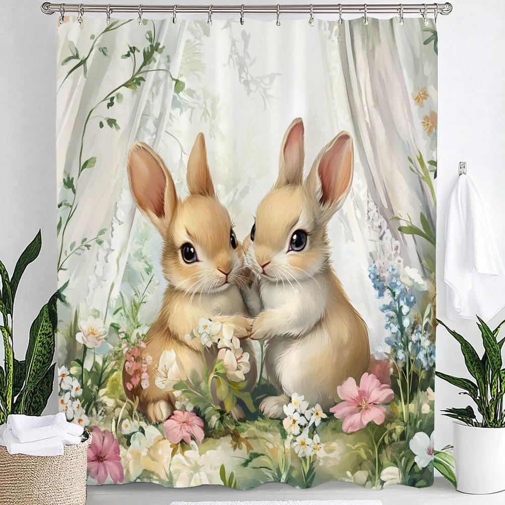 1pc Cute Rabbit Cheerful Shower Curtain, Flower Plant Print Waterproof Shower Partition Privacy Hanging Curtain with Hooks