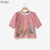 Women Grid Print Casual Round Neck Half Sleeve Blouse
