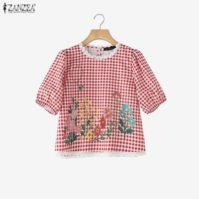 Women Grid Print Casual Round Neck Half Sleeve Blouse