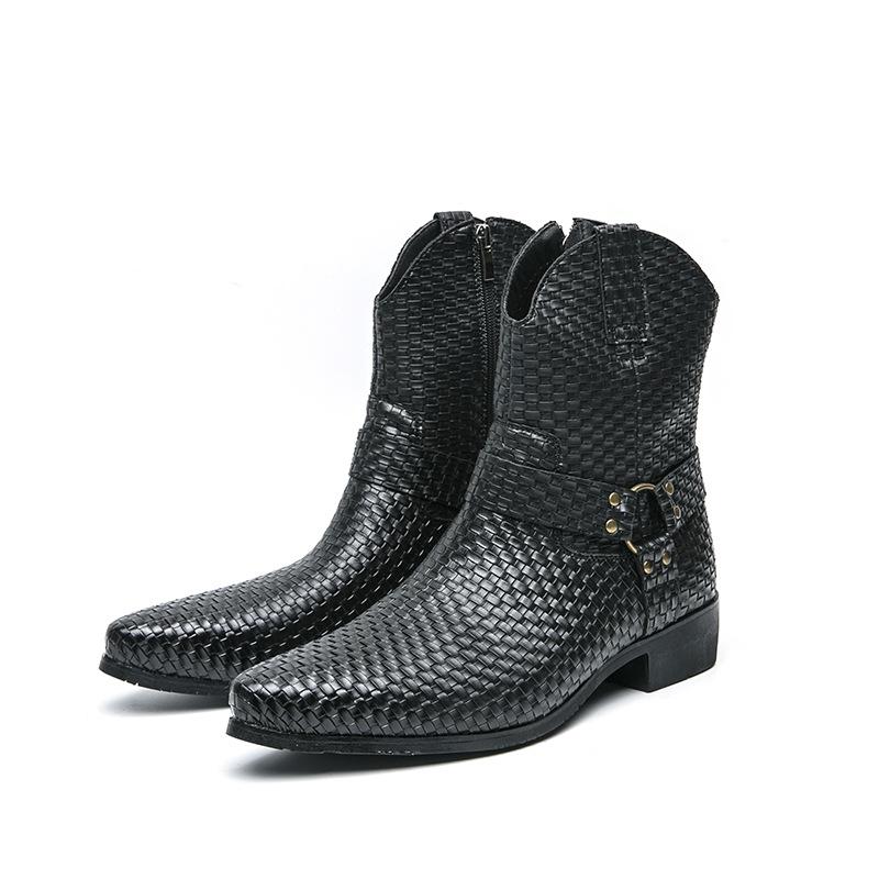 

Foreign trade large size autumn and winter new leather boots men s side zipper embossed high-top leather shoes foreign trade retro British Martin boot 46 чёрный