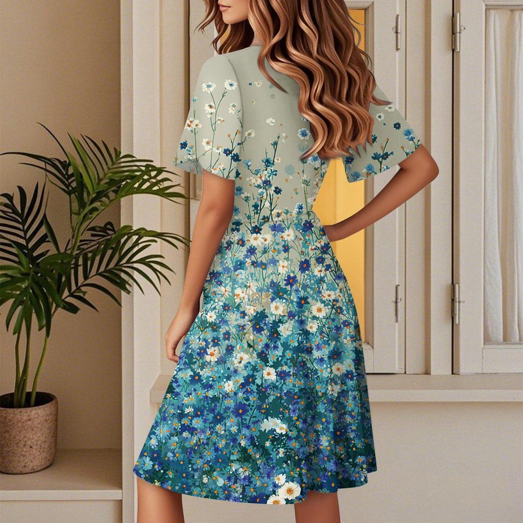Women's Fashion Short Sleeve Wrap Sundress V-Neck Floral Print Dresses
