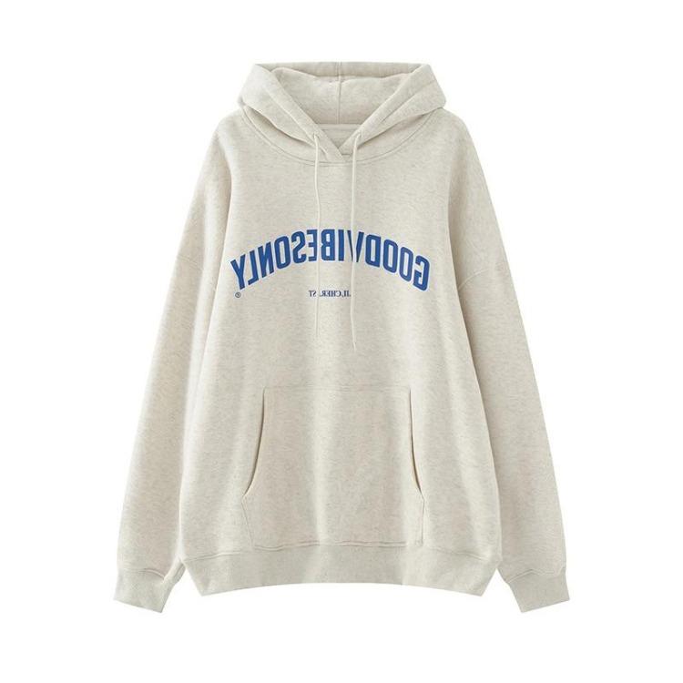 Women Vintage Oversize Grey Hoodie Sweatshirt Casual Streetwear Long Sleeve Letter Print Warm Baggy Clothing