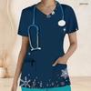 Women Plus Size Navy Blue Snowflake Printed Nurse Scrub Top V Neck Short Sleeve Front Pockets