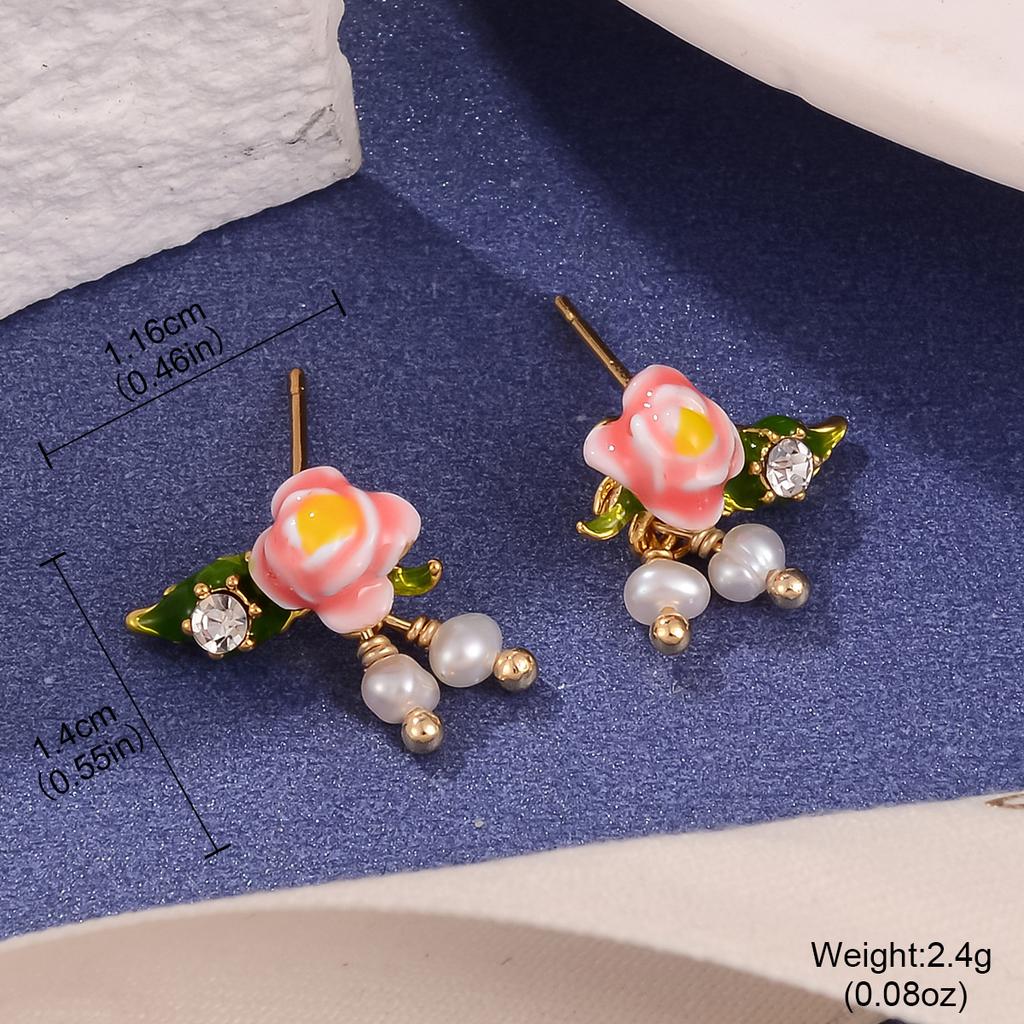 Fresh new Chinese flower stud oil painting style high-end enamel pearl earrings vintage national style tassel earrings women