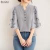 ZANZEA Damen Casual V-Ausschnitt Spleiß 3/4 Ärmel Lockere Bluse