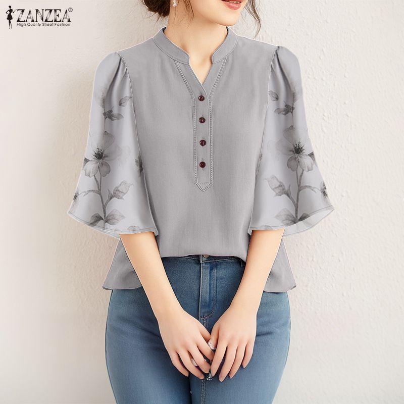 ZANZEA Damen Casual V-Ausschnitt Spleiß 3/4 Ärmel Lockere Bluse