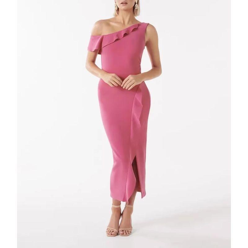 

Export Single FN Home Fall 2024 New Arrival Pink Young Adult Featured Diagonal Collar One Shoulder Design Hip Style Dress Pink 2XL