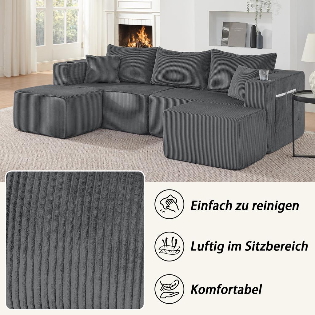 3-Seater Corner Sofa, L-Shaped with Movable Ottomans, Corduroy, Cup Holder, Side Pocket and Cushions, for Living Room, Hotels and Apartments, Gray