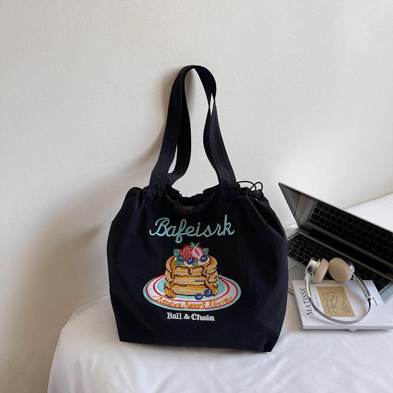 Canvas Bag Women'S Large Capacity Summer Simple Versatile Shoulder Bag Drawstring College Student Class Tote Bag