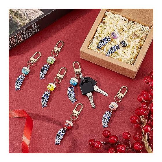 PH PandaHall 8 Pieces Lucky Cat Keychain Key Ring Smartphone Strap Carp Banner with Nasukan Japanese Style Cute Cat Pendant Wallet Bag Decoration