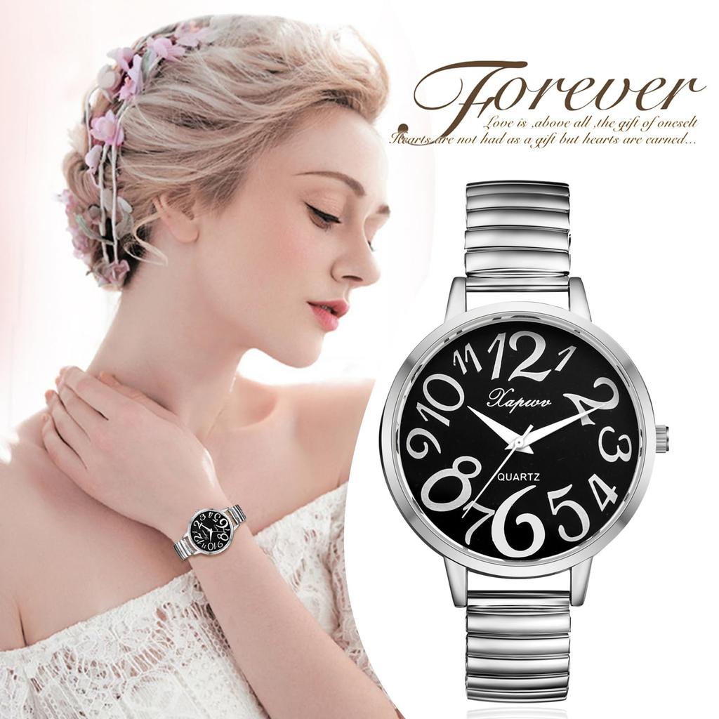 Women's Analog Watch with Large Numerals, Elastic Strap, One Size Fits Most, Simple and Stylish Quartz Watch, Silver, Fashion Accessory, Perfect Gift
